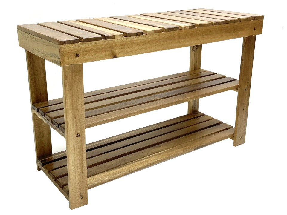 Premium Acacia Wood Bath Bench - Three-Tier Slatted Storage Rack